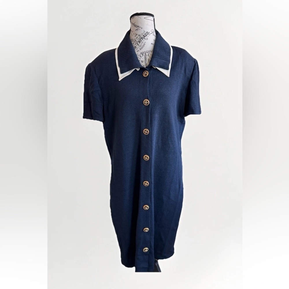 St. John Collection Santana Knit Navy Blue Button Down Collar Dress Nautical 14